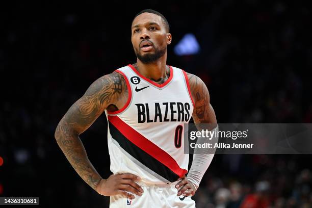 Damian Lillard of the Portland Trail Blazers looks on during the third quarter against the Denver Nuggets at Moda Center on October 24, 2022 in...