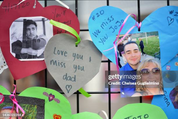 View of the Remembrance Hearts at the Santa Monica Out of the Darkness Walk at Third Street Promenade on October 22, 2022 in Santa Monica, California.