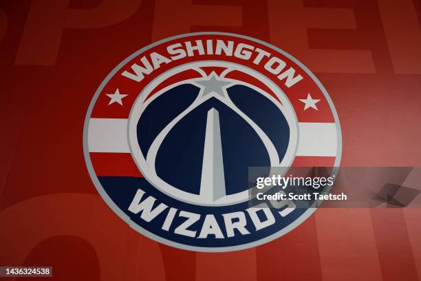 The Washington Wizards logo is seen on the stadium before the game between the Washington Wizards and the Chicago Bulls at Capital One Arena on...