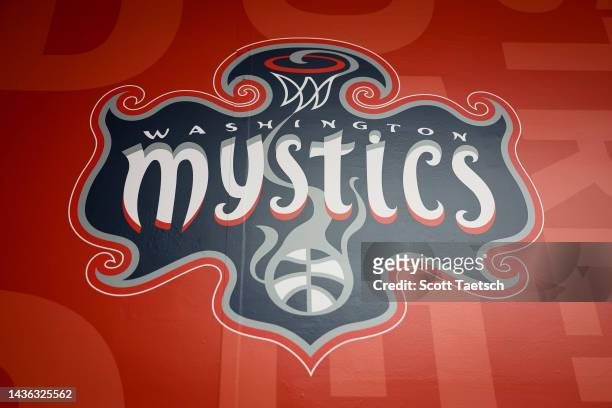 The Washington Mystics logo is seen on the stadium at Capital One Arena on October 21, 2022 in Washington, DC. NOTE TO USER: User expressly...