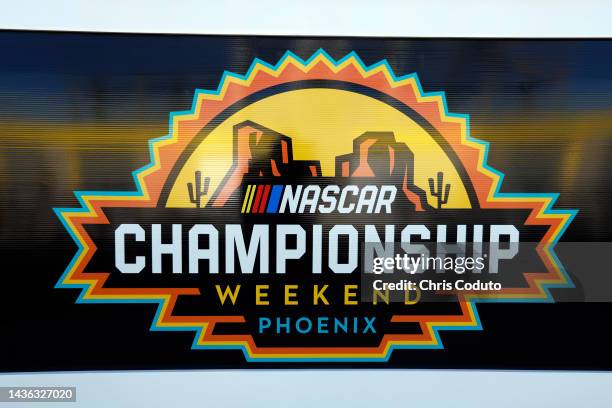 Detail view of the NASCAR Championship Weekend logo during the NASCAR Racing Experience Event at Phoenix Raceway on October 21, 2022 in Avondale,...