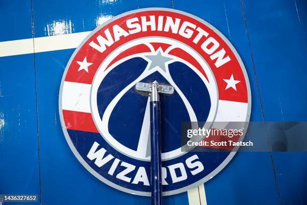 General view of the Washington Wizards logo on a court mop before the game between the Washington Wizards and the Chicago Bulls at Capital One Arena...