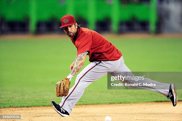 Ryan Roberts of the Arizona Diamondbacks takes fielding practice before a MLB game against Miami Marlins at Marlins Park on April 28, 2012 in Miami,...