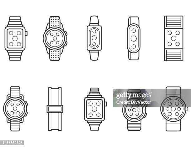 ilustraciones, imágenes clip art, dibujos animados e iconos de stock de conjunto de iconos de reloj inteligente - reloj de pulsera