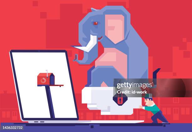 courier sending elephant speech bubble to mailbox on laptop - large quote bubble stock illustrations