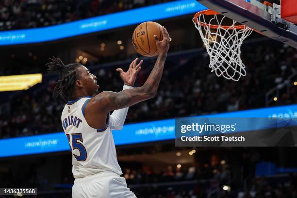 Delon Wright of the Washington Wizards goes to the basket against the Chicago Bulls during the first half at Capital One Arena on October 21, 2022 in...