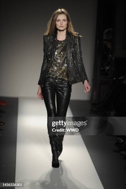 Model on the runway at Balmain's fall 2010 show. Designed by Christophe Decarnin.