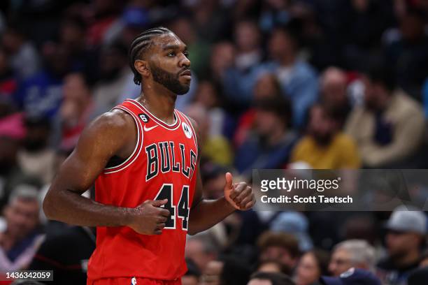 Patrick Williams of the Chicago Bulls looks on against the Washington Wizards during the second half at Capital One Arena on October 21, 2022 in...