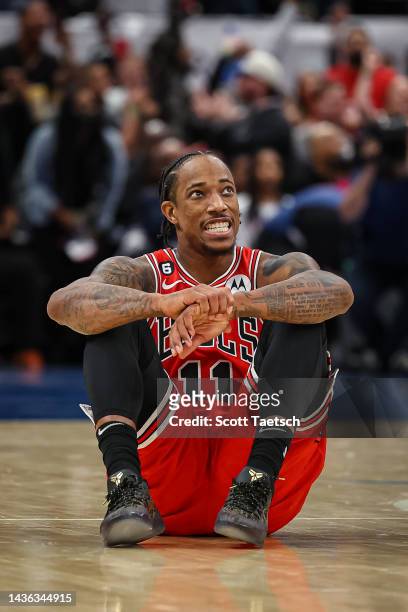 DeMar DeRozan of the Chicago Bulls reacts after missing the potential game winning three point basket with two seconds left in the game against the...
