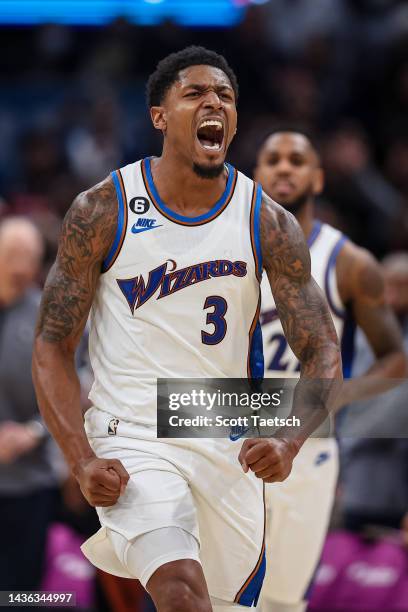 Bradley Beal of the Washington Wizards celebrates after making the game winning basket with seven seconds left in the game against the Chicago Bulls...