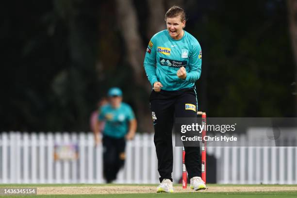 Jess Jonassen of the Heat celebrates dismissing Amy Jones of the Thunder during the Women's Big Bash League match between the Brisbane Heat and the...