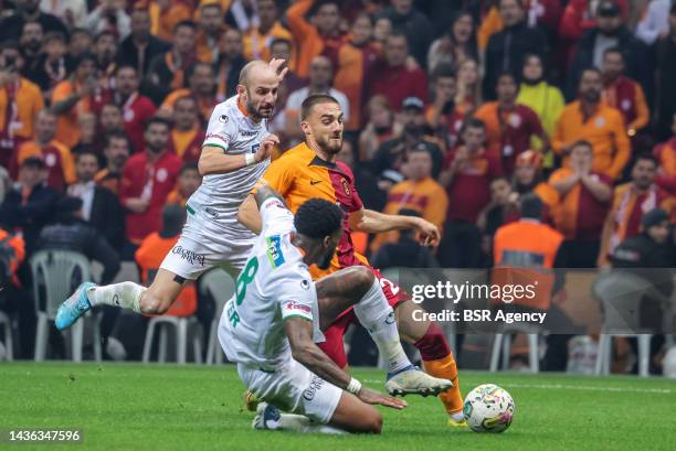 Efecan Karaca of Alanyaspor, Berkan Kutlu of Galatasaray, Leroy Fer of Alanyaspor during the Turkish Super Lig match between Galatasaray and...