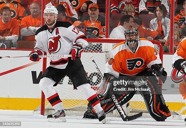 Ilya Bryzgalov of the Philadelphia Flyers in action against Ilya Kovalchuk of the New Jersey Devils in Game One of the Eastern Conference Semifinals...