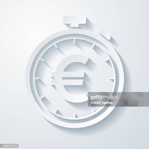 stopwatch with euro sign. icon with paper cut effect on blank background - time is money stock illustrations