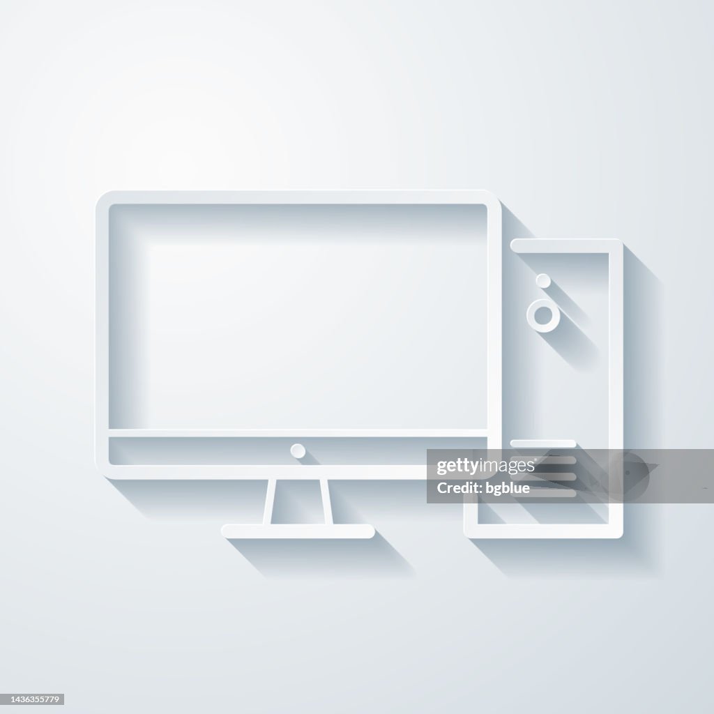 Desktop computer. Icon with paper cut effect on blank background