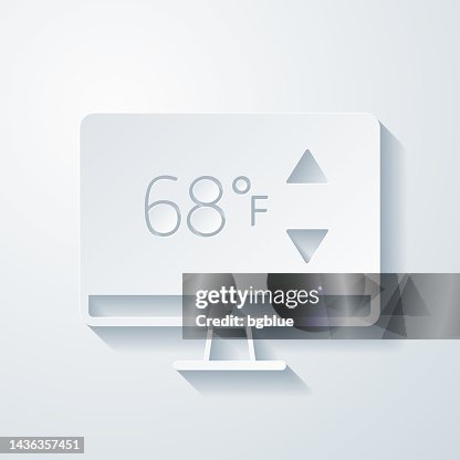 Desktop computer with heating control. Icon with paper cut effect on blank background Desktop computer with heating control. Icon with paper cut effect on blank background