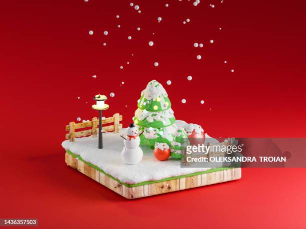 3d render of christmas isometric city with tree and snow - snowman isolated stock pictures, royalty-free photos & images