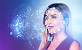 Businesswoman and biometric scanning, digital hologram with binary