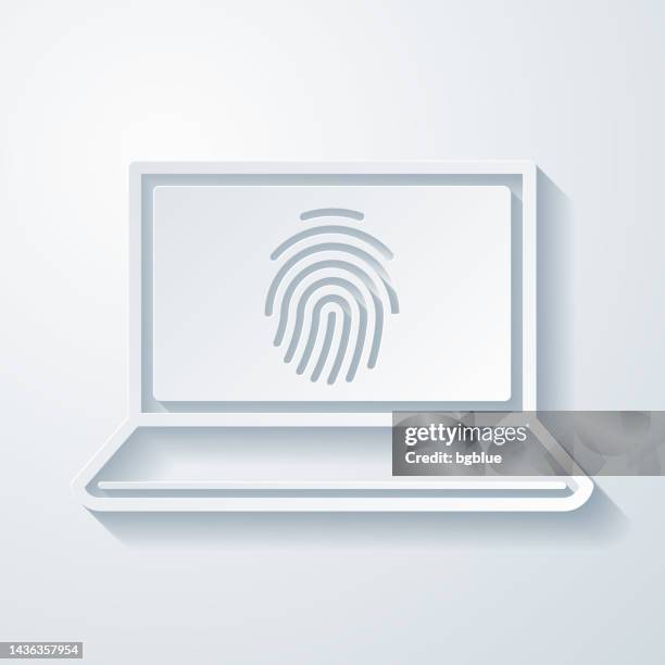 laptop with fingerprint. icon with paper cut effect on blank background - papers scanning to digital vector stock illustrations