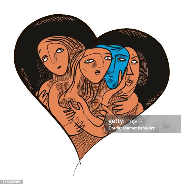 ilustraciones, imágenes clip art, dibujos animados e iconos de stock de un hombre tres mujeres dentro del símbolo del corazón - poligamia