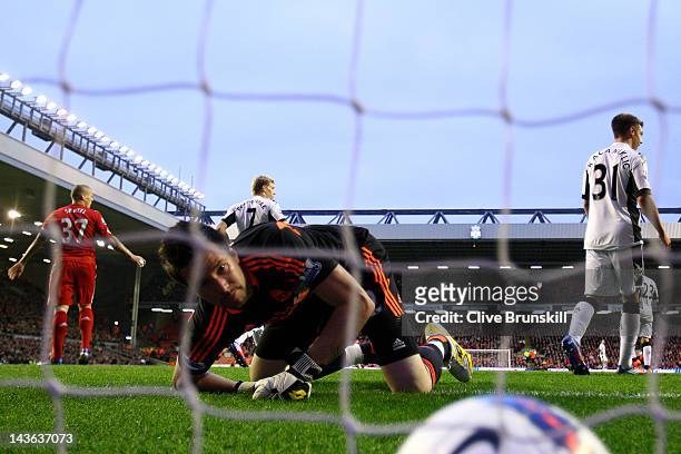 Alexander Doni of Liverpool watches the ball in the back of the net after team mate Martin Skrtel scored an own goal during the Barclays Premier...
