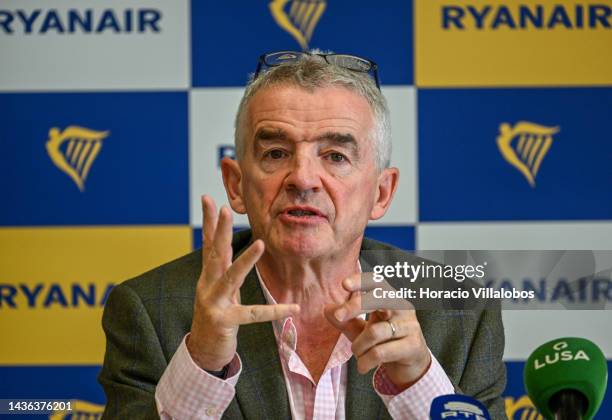 Ryanair Group CEO Michael O'Leary gestures as he delivers remarks during a press conference held on occasion of Ryanair 20th anniversary in the...