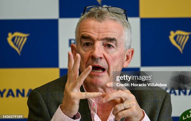 Ryanair Group CEO Michael O'Leary gestures as he delivers remarks during a press conference held on occasion of Ryanair 20th anniversary in the...