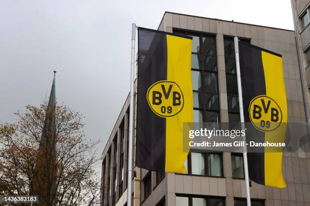 General view of Borussia Dortmund signage is seen in Dortmund City Centre ahead of the UEFA Champions League group G match between Borussia Dortmund...