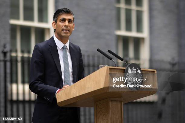 British Prime Minister Rishi Sunak makes a statement after taking office outside Number 10 in Downing Street on October 25, 2022 in London, England....