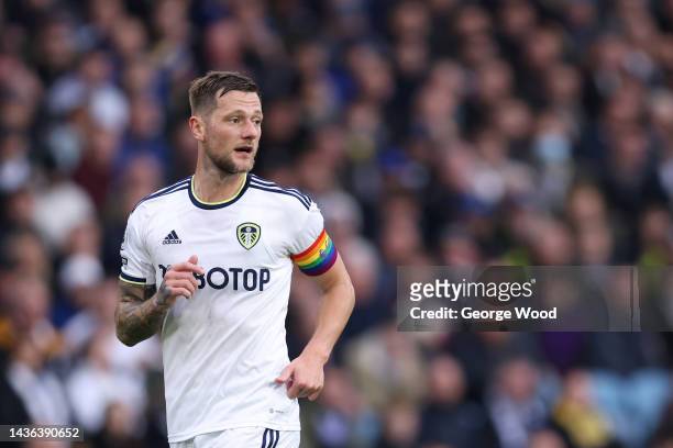 Liam Cooper of Leeds United wears a rainbow captains armband as part of the Rainbow laces campaign during the Premier League match between Leeds...