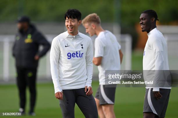 Son Heung-Min of Tottenham Hotspur reacts during a Tottenham Hotspur Training and Press Conference at Tottenham Hotspur Training Centre on October...