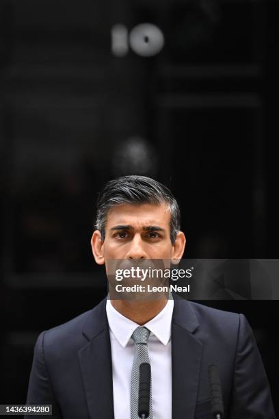 British Prime Minister Rishi Sunak makes a statement after taking office outside Number 10 in Downing Street on October 25, 2022 in London, England....