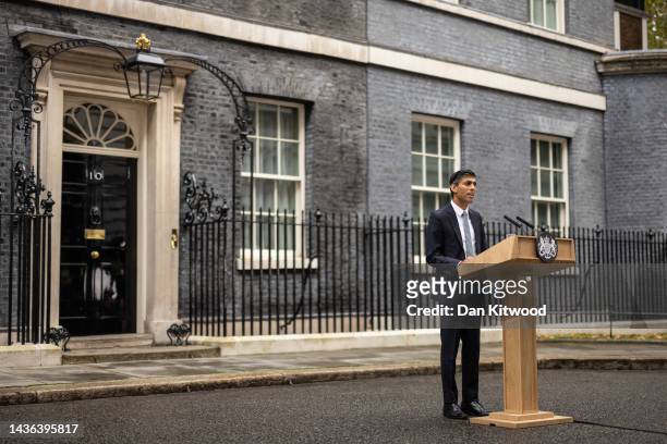 British Prime Minister Rishi Sunak speaks after taking office outside Number 10 in Downing Street on October 25, 2022 in London, England. Rishi Sunak...