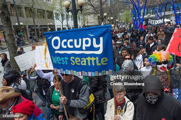 Occupy Seattle protesters, an off-shoot of the Occupy Wall Street movement, hold a May Day rally and anti-capitalist march in Seattle, Washington,...