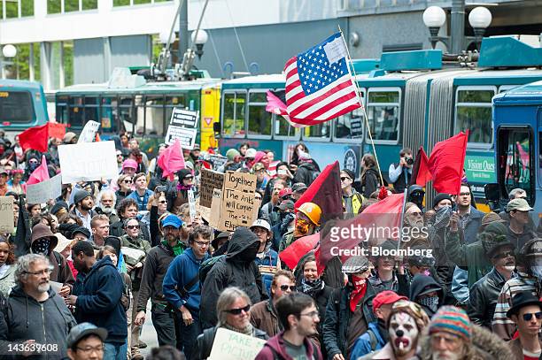 Occupy Seattle protesters, an off-shoot of the Occupy Wall Street movement, hold a May Day rally and anti-capitalist march in Seattle, Washington,...