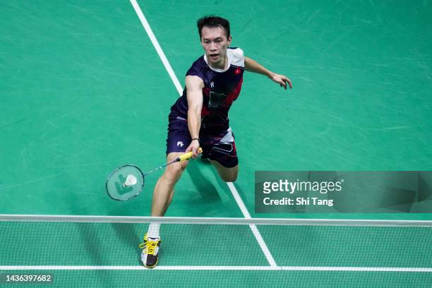 Ng Ka Long Angus of Hong Kong competes in the Men's Singles First Round match against Zhao Junpeng of China during day one of the Yonex French Open...