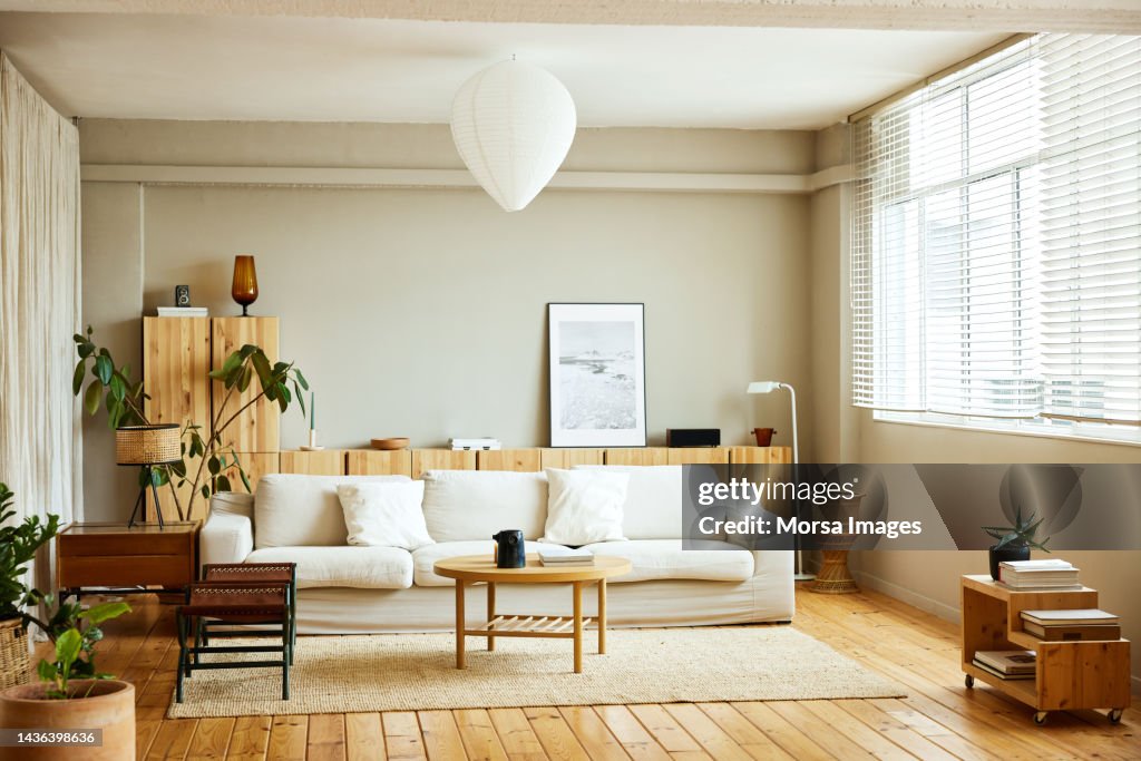 Sofa with coffee table by window in living room