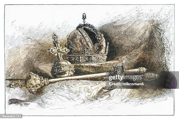 old engraved illustration of imperial regalia from the times of emperor matthias - cetro fotografías e imágenes de stock