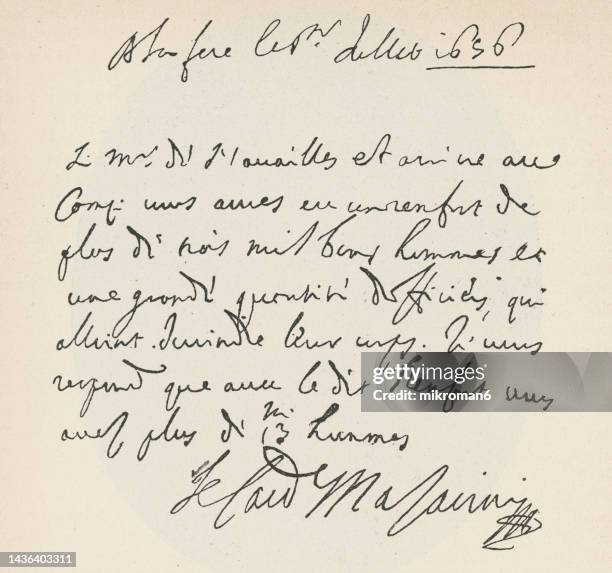 handwritten letter by cardinal jules mazarin, italian cardinal, diplomat, and politician - film script stock-fotos und bilder