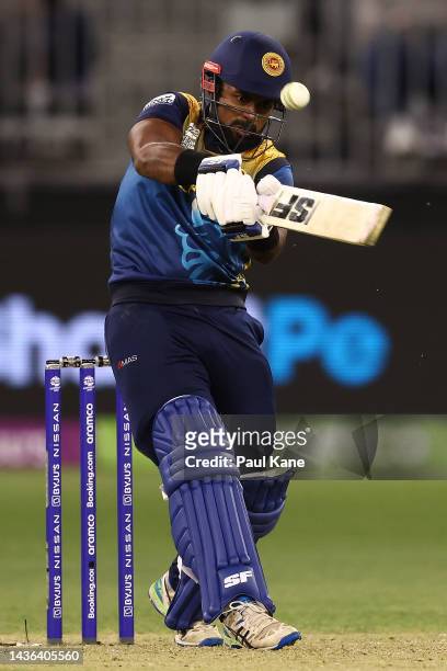 Charith Asalanka of Sri Lanka bats during the ICC Men's T20 World Cup match between Australia and Sri Lanka at Perth Stadium on October 25, 2022 in...