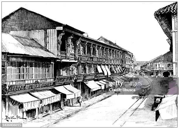 antique image: main street in manila - manila philippines stock illustrations