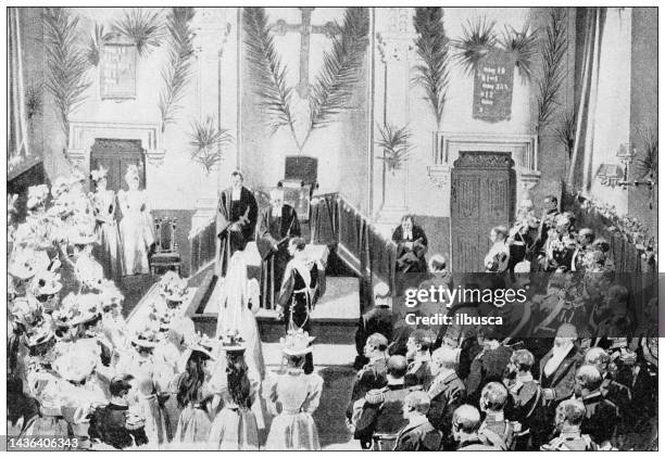 stockillustraties, clipart, cartoons en iconen met antique image: wedding of christian x of denmark and alexandrine of mecklenburg-schwerin, cannes - cannes