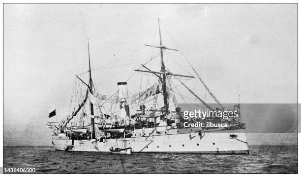 antique image: naval battle in front of manila, spanish ship "isla de cuba" - old battleship stock illustrations