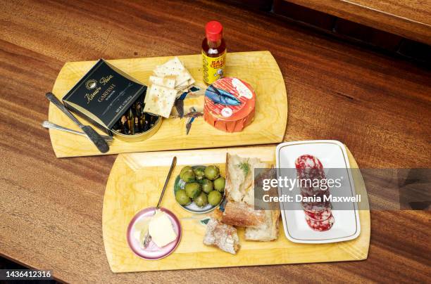 Selection of items including tinned Garfish in olive oil available at Kippered Bar are photographed for Los Angeles Times on April 5, 2022 in Los...