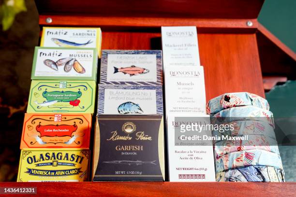 Tinned fish, mussels and sardines available at Kippered Bar are photographed for Los Angeles Times on April 5, 2022 in Los Angeles, California....