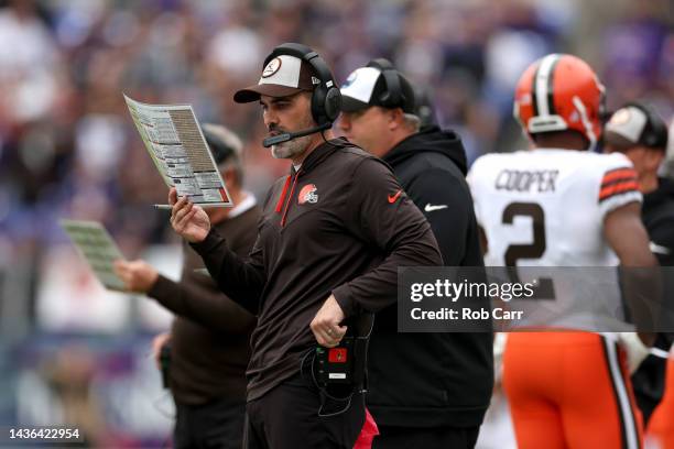 Head coach Kevin Stefanski of the Cleveland Browns looks on against the Baltimore Ravens in the second half at M&T Bank Stadium on October 23, 2022...