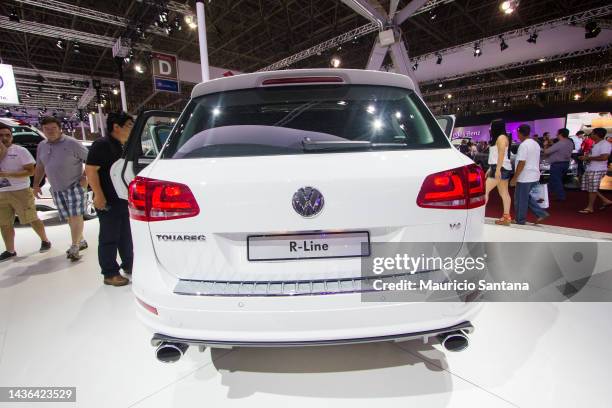 Detail of a Volkswagen Touareg R-Line during the 27th International Motor Show at the Anhembi exhibition center in Sao Paulo, on November 3, 2012 in...