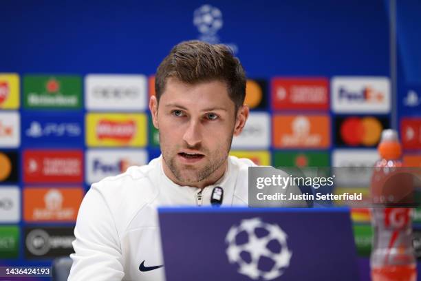 Ben Davies of Tottenham Hotspur speaks during a Tottenham Hotspur Press Conference at Tottenham Hotspur Training Centre on October 25, 2022 in...