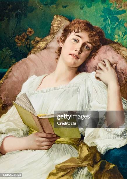 ilustrações de stock, clip art, desenhos animados e ícones de young beauty lying on sofa holding an open book, looking into the distance reflecting the content - old house