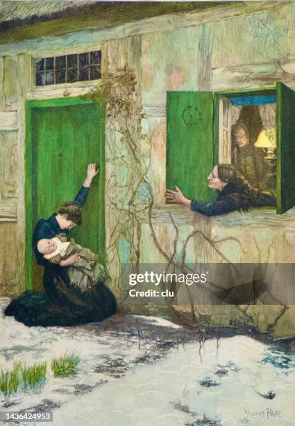 female teenager with a baby in her hand returns home to her parents' house and knocks anxiously on the door - old mother stock illustrations